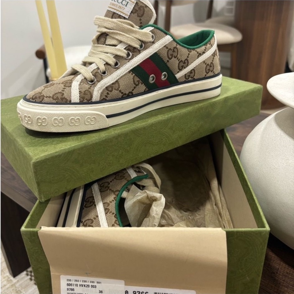 Gucci Women's Tennis 1977 Sneaker - Beige and Green - Picture 2 of 7